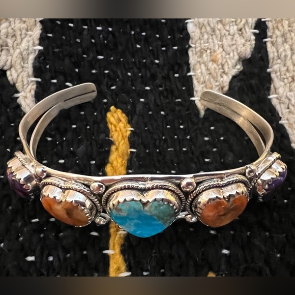 Turquoise, Spiny Oyster, Purple Dahlia 925 ADJUSTABLE Navajo Heart Cuff 26.2Gm - Picture 7 of 14
